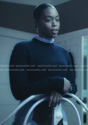 Anissa’s navy frilled neck sweater on Black Lightning