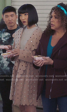 Mei’s pink scalloped cutouts coat on Sunnyside