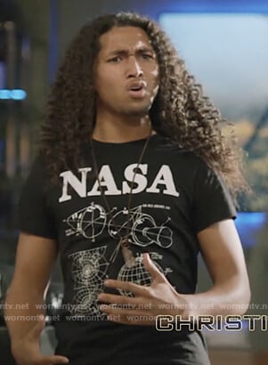 Brandon’s black Nasa print tee on Black Lightning