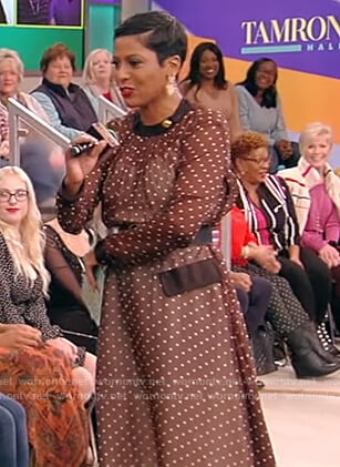 Tamron’s black polka dot sheer dress on Tamron Hall Show