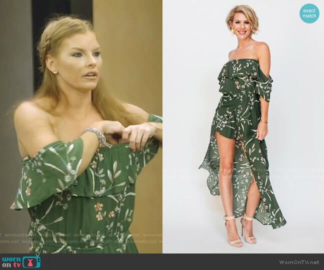 Brandi Land Olive Off Shoulder Romper Dress worn by Brandi Redmond on The Real Housewives of Dallas
