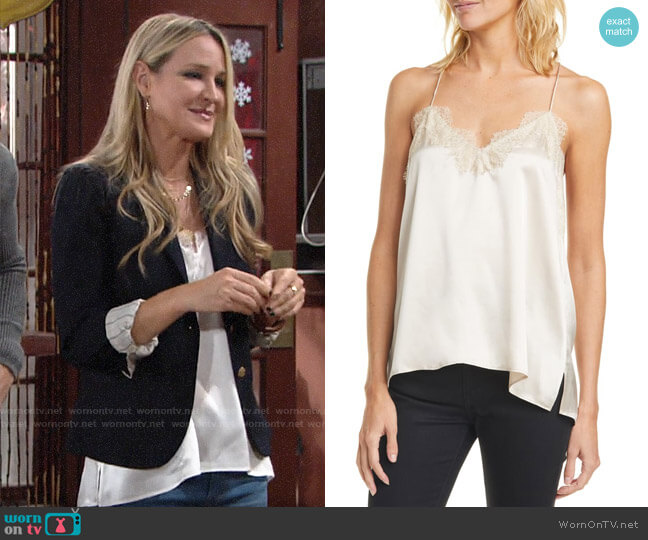 Cami NYC The Racer Camo Print Silk Camisole in Oat worn by Sharon Newman (Sharon Case) on The Young and the Restless