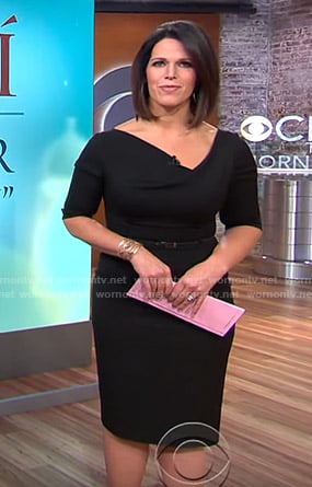 Dana’s black asymmetric v-neck dress on CBS This Morning
