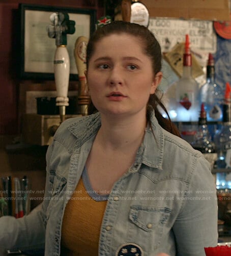Debbie’s blue distressed shirt with smiley patch on Shameless