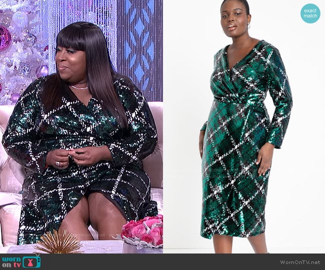 Eloquii Plaid Sequin Wrap Dress worn by Loni Love on The Real