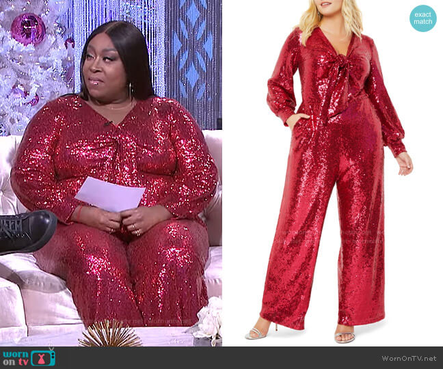 Eloquii Sequin Tie Front Long Sleeve Jumpsuit worn by Loni Love on The Real
