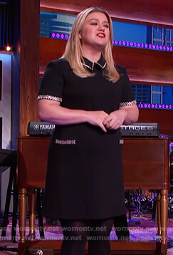 Kelly’s black crystal embellished trim shift dress on The Kelly Clarkson Show