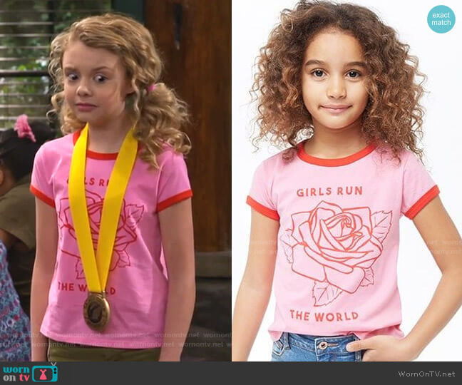 Forever 21 Girls Run The World Graphic Ringer Tee worn by Destiny Baker (Mallory James Mahoney) on Bunkd