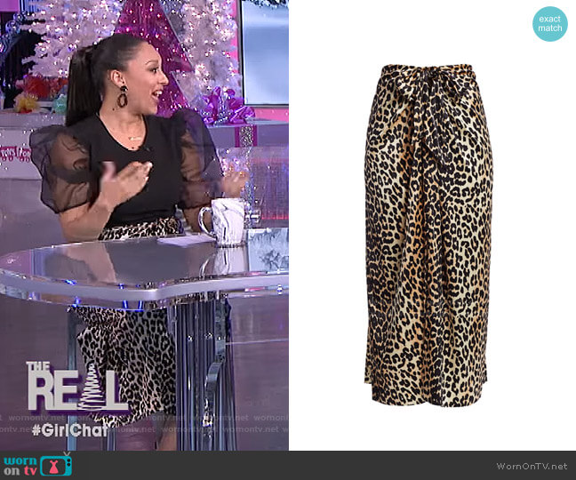 Ganni Leopard Print Silk Satin Midi Skirt worn by Tamera Mowry on The Real