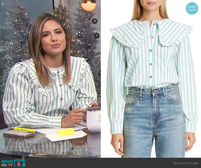 Ganni Stripe Ruffle Collar Cotton Poplin Blouse worn by Erin Lim on E! News