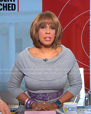 Gayle King’s grey off-shoulder sweater dress on CBS This Morning