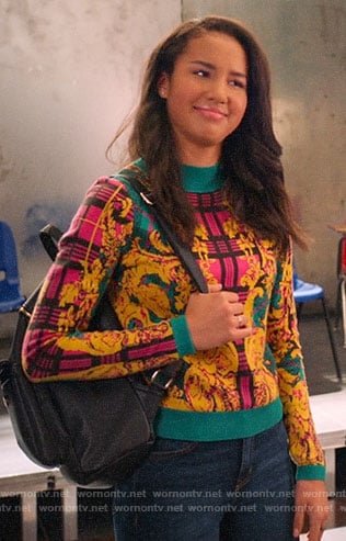 Gina’s mixed print sweater on High School Musical The Musical The Series