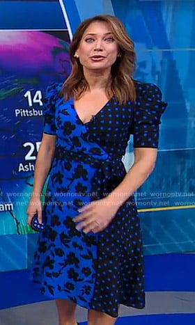 Ginger’s blue polka dot and floral print wrap dress on Good Morning America