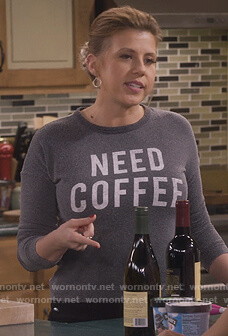 Stephanie’s gray Need Coffee sweater on Fuller House