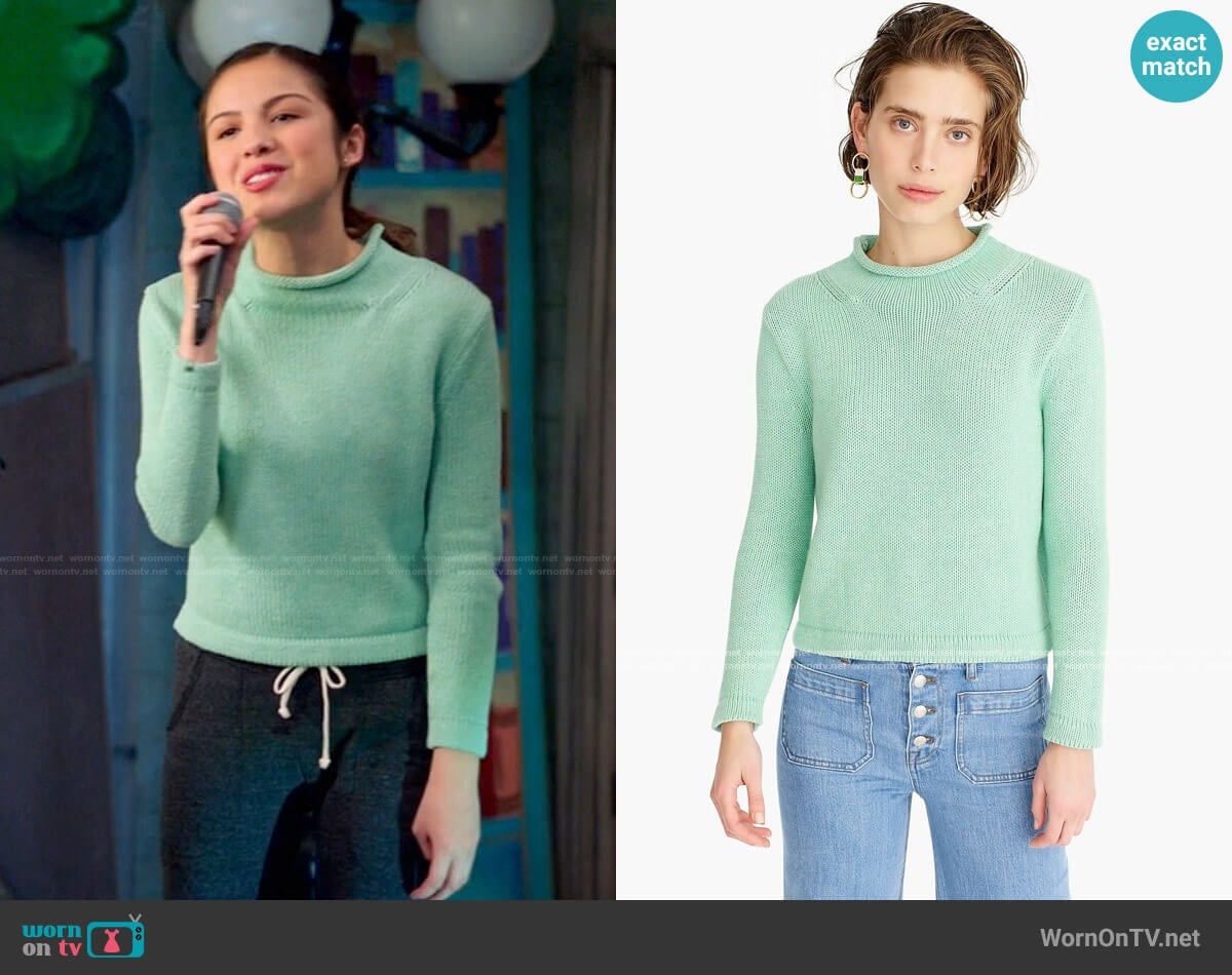 J. Crew 1988 Rollneck Cropped Sweater in Hthr Mint worn by Nini (Olivia Rodrigo) on High School Musical The Musical The Series