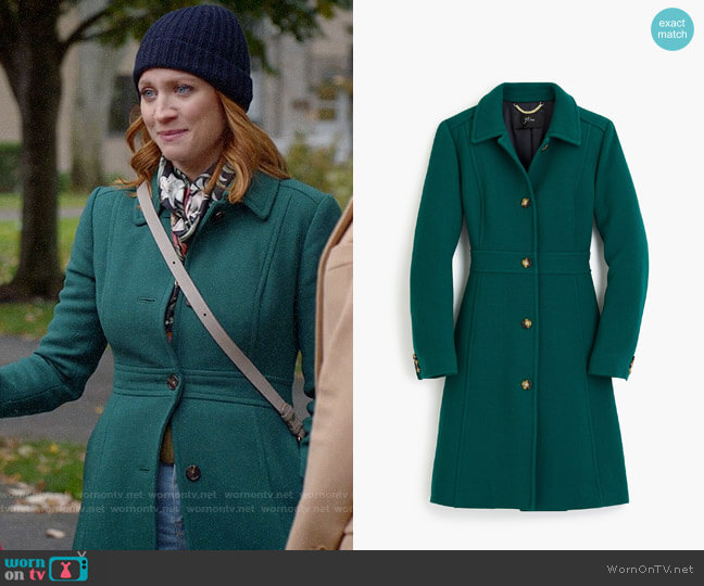 J. Crew Classic lady day coat in Italian double-cloth wool worn by Julia Bechley (Brittany Snow) on Almost Family
