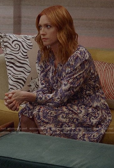 Julia’s purple abstract print long sleeve dress on Almost Family