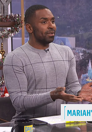 Justin’s grey windowpane check sweater on E! News Daily Pop