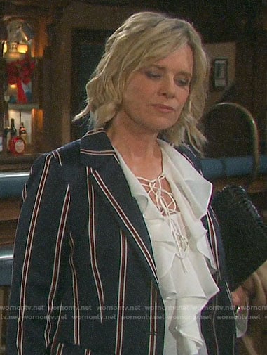 Kayla’s white ruffled lace-up blouse and striped blazer on Days of our Lives