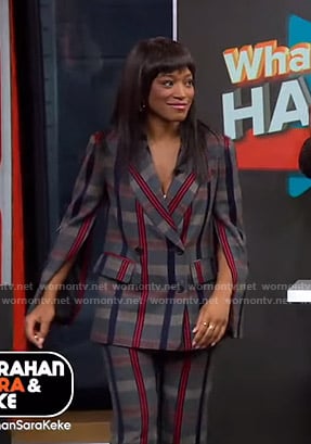Keke’s grey plaid split-sleeve blazer and pants on GMA Strahan Sara And Keke