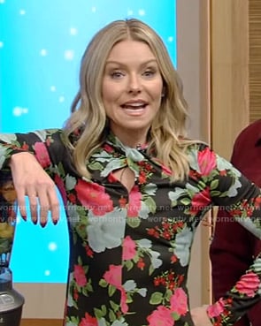 Kelly’s black floral twisted neck dress on Live with Kelly and Ryan