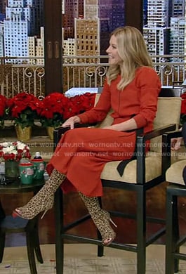 Kelly’s red midi dress and leopard print boots on Live with Kelly and Ryan