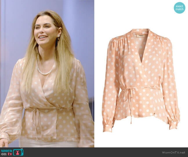 L'Agence Cara Dot-Print Wrap Blouse worn by D’Andra Simmons on The Real Housewives of Dallas