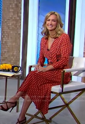 Lara’s orange printed tie neck dress on Good Morning America
