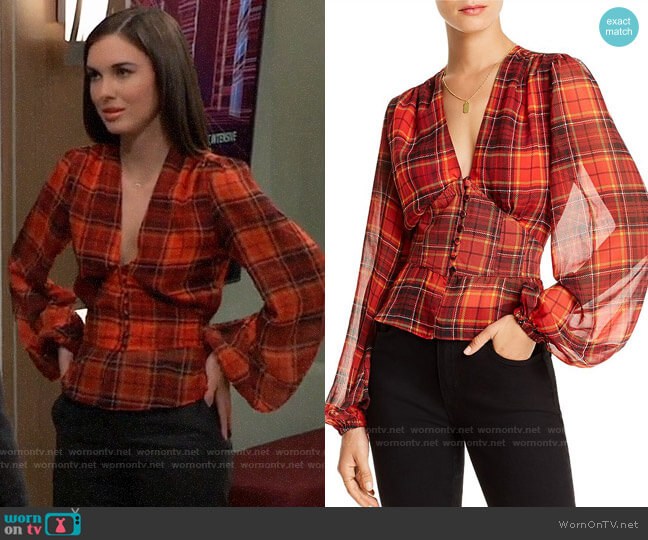 Lini Taylor Balloon-Sleeve Plaid Top worn by Willow Tait (Katelyn MacMullen) on General Hospital