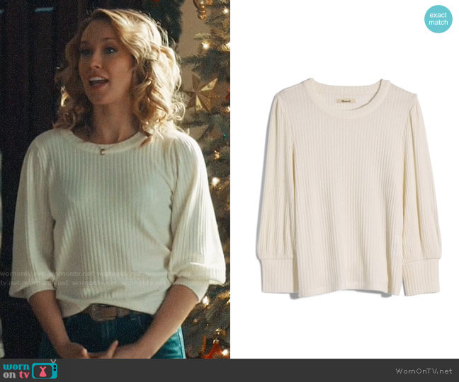 Madewell Brushed Rib Pleat-Sleeve Top in Antique Cream worn by Ginny (Anna Camp) on Perfect Harmony