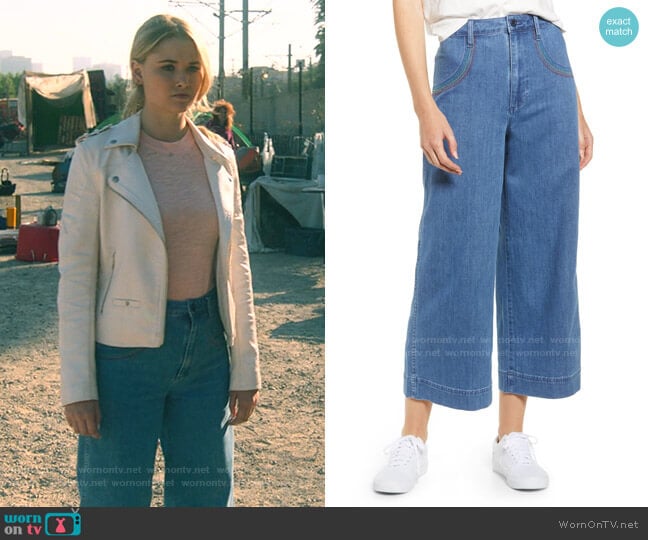 Madewell Rainbow Stitched Emmett Wide Leg Crop Jeans worn by Karolina Dean (Virginia Gardner) on Marvels Runaways