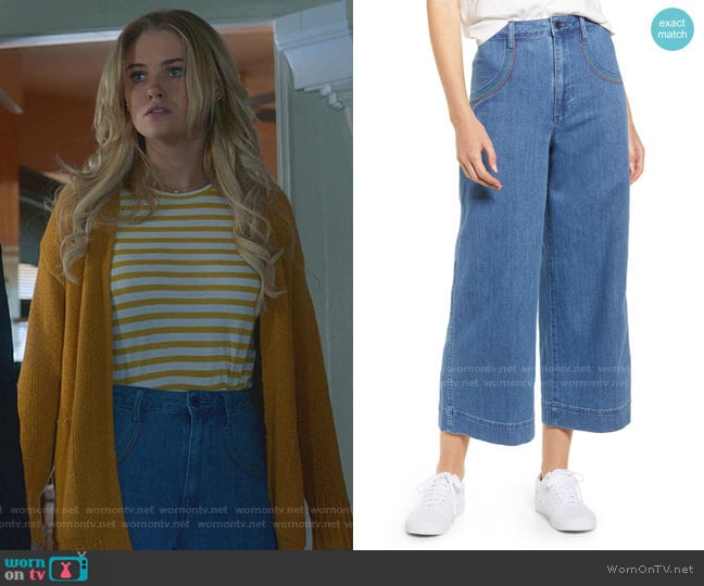 Madewell Rainbow Stitched Emmett Wide Leg Crop Jeans worn by Karolina Dean (Virginia Gardner) on Marvels Runaways