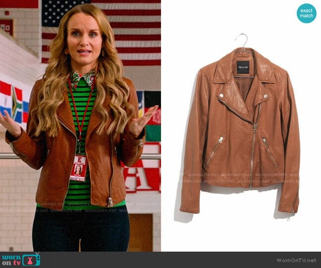 Madewell Washed Leather Moto Jacket in Burnt Sienna worn by Miss Jenn (Kate Reinders) on High School Musical The Musical The Series