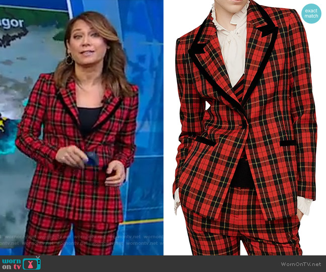 Maje Vanty Plaid Peak-Lapel Blazer worn by Ginger Zee on Good Morning America