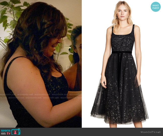 Marchesa Notte Glitter Tulle Tea Length Gown worn by Sara Castillo (Lindsay Mendez) on All Rise