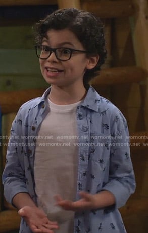 Matteo’s blue dinosaur print shirt on Bunkd