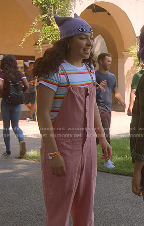 Molly’s rainbow striped tee and pink jumpsuit on Marvels Runaways