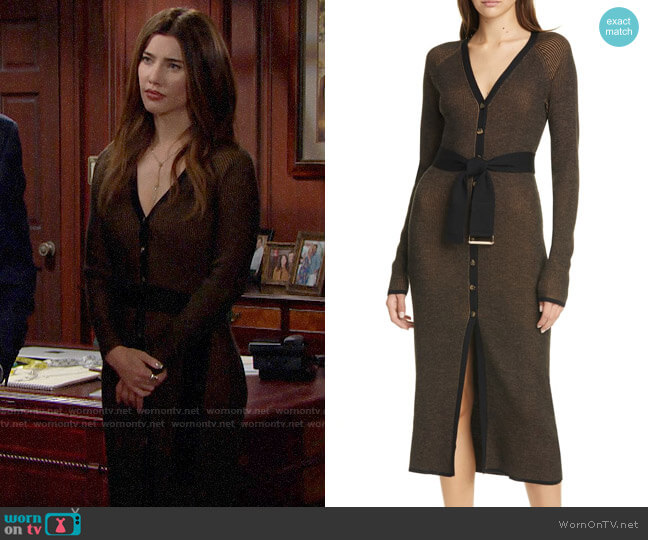 Nicholas Ribbed Long Sleeve Wool Cardigan Midi Dress worn by Steffy Forrester (Jacqueline MacInnes Wood) on The Bold and the Beautiful