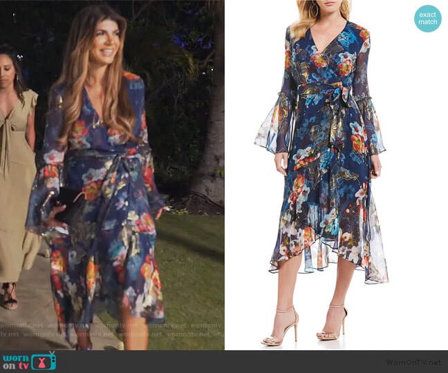 Nicole Miller Floral Wrap Bell Sleeve Midi Dress worn by Teresa Giudice on The Real Housewives of New Jersey