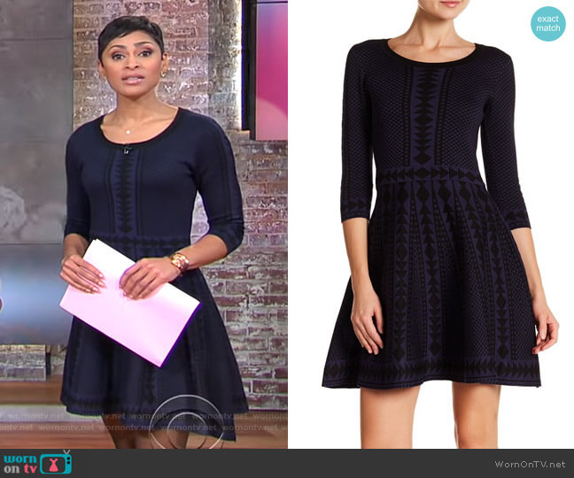 Nina Leonard Geometric Print 3/4 Sleeve Fit & Flare Dress worn by Jericka Duncan on CBS Mornings