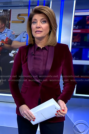 Norah’s purple velvet blazer on CBS Evening News