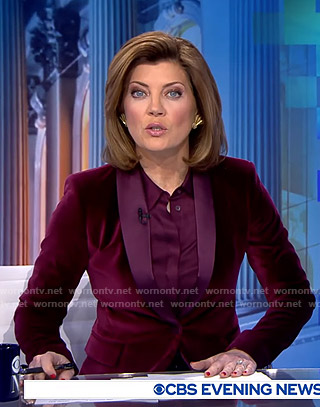 Norah’s purple velvet blazer on CBS Evening News