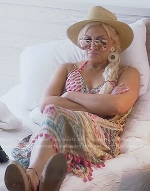 Gina’s mixed print dress with tassels on The Real Housewives of Orange County