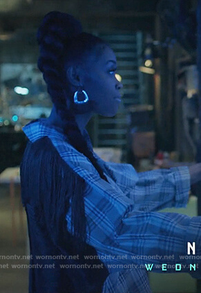 Anissa’s blue plaid shirt with fringe back on Black Lightning