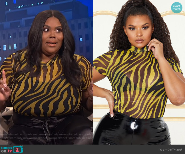 Pretty Little Thing Zebra Print High Neck Bodysuit worn by Nina Parker on E! News