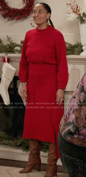 Rainbow’s red sweater and ribbed skirt on Black-ish