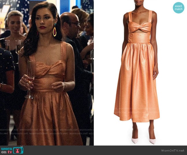 Rosie Assoulin Morning After Cutout Midi Dress worn by Alison Namazi (Janina Gavankar) on The Morning Show