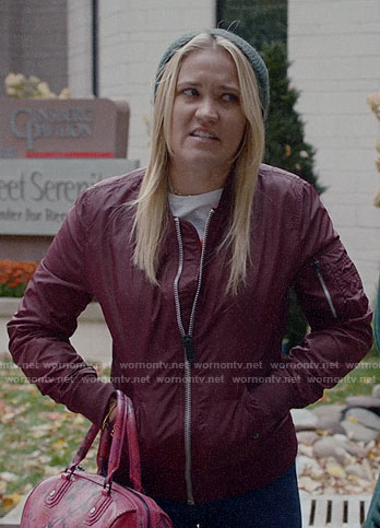 Roxy’s burgundy bomber jacket on Almost Family
