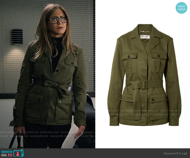 Saint Laurent Belted cotton and ramie-blend gabardine jacket worn by Alex Levy (Jennifer Aniston) on The Morning Show