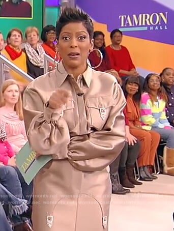 Tamron’s bronze satin shirtdress on Tamron Hall Show